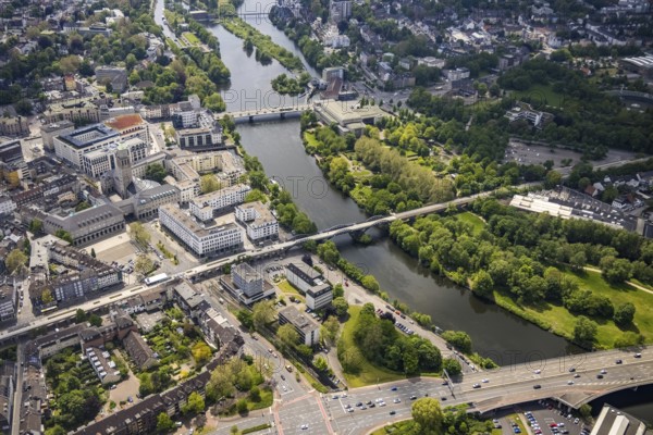Aerial view, city hall, Ruhr promenade, city viaduct and Ruhr bridge on the river Ruhr, Altstadt I, Mülheim an der Ruhr, Ruhr area, North Rhine-Westphalia, Germany, authority, bridge, DE, Europe, Forum City Mülheim, aerial view, aerial photography, aerial photography, tower, overview, bird's-eye view, historic city hall, overview