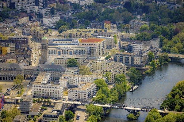 Aerial view, city hall, Ruhr promenade, city viaduct and Ruhr bridge on the river Ruhr, Altstadt I, Mülheim an der Ruhr, Ruhr area, North Rhine-Westphalia, Germany, authority, bridge, DE, Europe, Forum City Mülheim, aerial view, aerial photography, aerial photography, tower, overview, bird's-eye view, historic city hall, overview