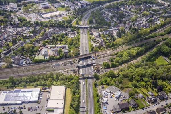 Aerial view, construction site after bridge fire motorway 40, renovation of railway bridges, Styrum, Mülheim an der Ruhr, Ruhr area, North Rhine-Westphalia, Germany, motorway A40, construction work, construction area, construction site, construction crane, construction measure, construction site, bridge, DE, railway bridge, renovation, Europe, aerial view, aerial photography, aerial photography, renovation, closure, tanker accident, overview, bird's eye view, bird's eye view, overview