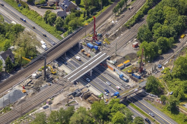 Aerial view, construction site after bridge fire motorway 40, renovation of railway bridges, Styrum, Mülheim an der Ruhr, Ruhr area, North Rhine-Westphalia, Germany, motorway A40, construction work, construction area, construction site, construction crane, construction measure, construction site, bridge, DE, railway bridge, renovation, Europe, aerial view, aerial photography, aerial photography, renovation, closure, tanker accident, overview, bird's eye view, bird's eye view, overview