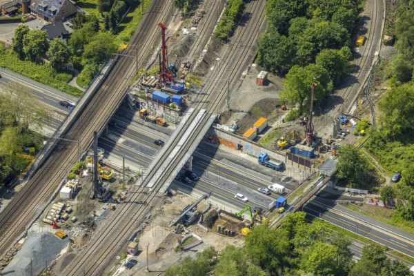Aerial view, construction site after bridge fire motorway 40, renovation of railway bridges, Styrum, Mülheim an der Ruhr, Ruhr area, North Rhine-Westphalia, Germany, motorway A40, construction work, construction area, construction site, construction crane, construction measure, construction site, bridge, DE, railway bridge, renovation, Europe, aerial view, aerial photography, aerial photography, renovation, closure, tanker accident, overview, bird's eye view, bird's eye view, overview