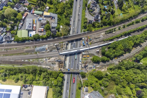 Aerial view, construction site after bridge fire motorway 40, renovation of railway bridges, Styrum, Mülheim an der Ruhr, Ruhr area, North Rhine-Westphalia, Germany, motorway A40, construction work, construction area, construction site, construction crane, construction measure, construction site, bridge, DE, railway bridge, renovation, Europe, aerial view, aerial photography, aerial photography, renovation, closure, tanker accident, overview, bird's eye view, bird's eye view, overview