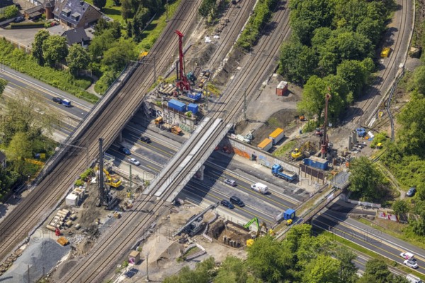 Aerial view, construction site after bridge fire motorway 40, renovation of railway bridges, Styrum, Mülheim an der Ruhr, Ruhr area, North Rhine-Westphalia, Germany, motorway A40, construction work, construction area, construction site, construction crane, construction measure, construction site, bridge, DE, railway bridge, renovation, Europe, aerial view, aerial photography, aerial photography, renovation, closure, tanker accident, overview, bird's eye view, bird's eye view, overview