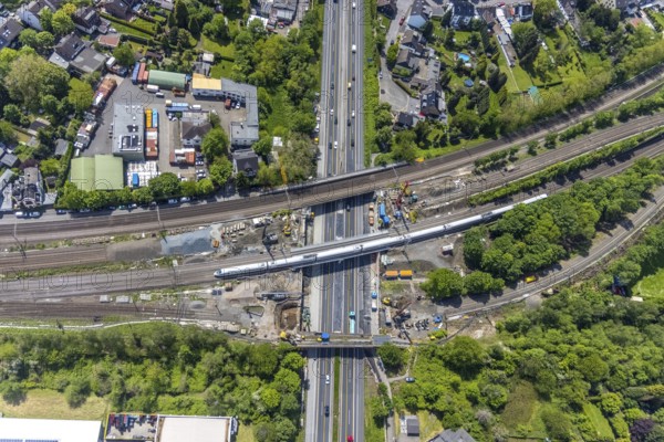 Aerial view, construction site after bridge fire motorway 40, renovation of railway bridges, Styrum, Mülheim an der Ruhr, Ruhr area, North Rhine-Westphalia, Germany, motorway A40, construction work, construction area, construction site, construction crane, construction measure, construction site, bridge, DE, railway bridge, renovation, Europe, aerial view, aerial photography, aerial photography, renovation, closure, tanker accident, overview, bird's eye view, bird's eye view, overview