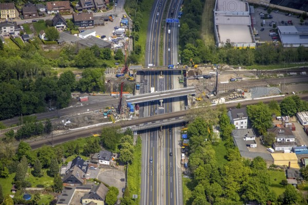 Aerial view, construction site after bridge fire motorway 40, renovation of railway bridges, Styrum, Mülheim an der Ruhr, Ruhr area, North Rhine-Westphalia, Germany, motorway A40, construction work, construction area, construction site, construction crane, construction measure, construction site, bridge, DE, railway bridge, renovation, Europe, aerial view, aerial photography, aerial photography, renovation, closure, tanker accident, overview, bird's eye view, bird's eye view, overview