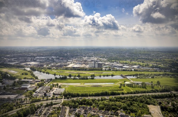Aerial view, Styrumer Ruhraue and RuhrWasserwerk at the river Ruhr, local view Speldorf, Mülheim an der Ruhr, Ruhr area, North Rhine-Westphalia, Germany, DE, Europe, aerial view, aerial photography, aerial photography, protected area waterworks, overview, bird's-eye view, birds-eyes view, overview