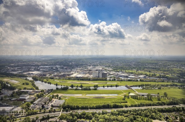 Aerial view, Styrumer Ruhraue and RuhrWasserwerk at the river Ruhr, local view Speldorf, Mülheim an der Ruhr, Ruhr area, North Rhine-Westphalia, Germany, DE, Europe, aerial view, aerial photography, aerial photography, protected area waterworks, overview, bird's-eye view, birds-eyes view, overview