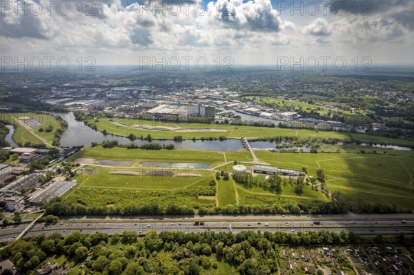 Aerial view, Styrumer Ruhraue and RuhrWasserwerk at the river Ruhr, local view Speldorf, Mülheim an der Ruhr, Ruhr area, North Rhine-Westphalia, Germany, DE, Europe, aerial view, aerial photography, aerial photography, protected area waterworks, overview, bird's-eye view, birds-eyes view, overview