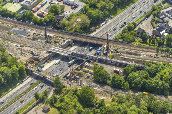 Aerial view, construction site after bridge fire motorway 40, renovation of railway bridges, Styrum, Mülheim an der Ruhr, Ruhr area, North Rhine-Westphalia, Germany, motorway A40, construction work, construction area, construction site, construction crane, construction measure, construction site, bridge, DE, railway bridge, renovation, Europe, aerial view, aerial photography, aerial photography, renovation, closure, tanker accident, overview, bird's eye view, bird's eye view, overview