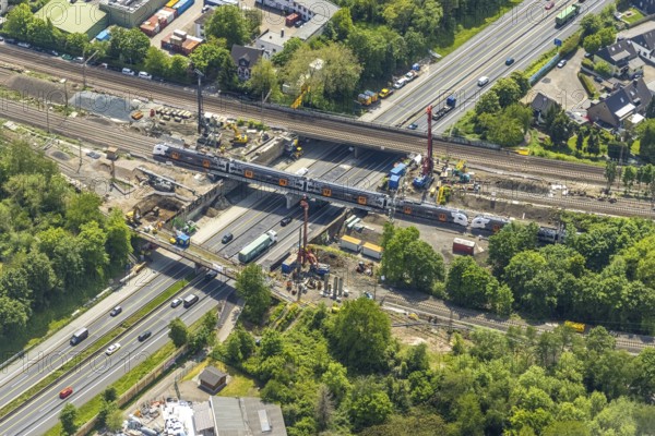 Aerial view, construction site after bridge fire motorway 40, renovation of railway bridges, Styrum, Mülheim an der Ruhr, Ruhr area, North Rhine-Westphalia, Germany, motorway A40, construction work, construction area, construction site, construction crane, construction measure, construction site, bridge, DE, railway bridge, renovation, Europe, aerial view, aerial photography, aerial photography, renovation, closure, tanker accident, overview, bird's eye view, bird's eye view, overview