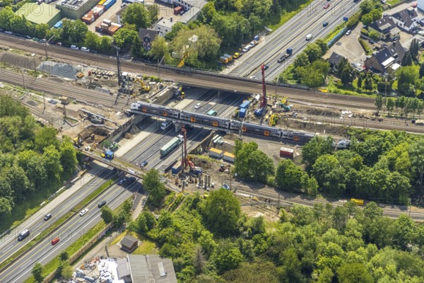 Aerial view, construction site after bridge fire motorway 40, renovation of railway bridges, Styrum, Mülheim an der Ruhr, Ruhr area, North Rhine-Westphalia, Germany, motorway A40, construction work, construction area, construction site, construction crane, construction measure, construction site, bridge, DE, railway bridge, renovation, Europe, aerial view, aerial photography, aerial photography, renovation, closure, tanker accident, overview, bird's eye view, bird's eye view, overview