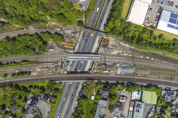 Aerial view, construction site after bridge fire motorway 40, renovation of railway bridges, Styrum, Mülheim an der Ruhr, Ruhr area, North Rhine-Westphalia, Germany, motorway A40, construction work, construction area, construction site, construction crane, construction measure, construction site, bridge, DE, railway bridge, renovation, Europe, aerial view, aerial photography, aerial photography, renovation, closure, tanker accident, overview, bird's eye view, bird's eye view, overview