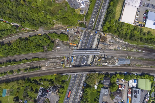 Aerial view, construction site after bridge fire motorway 40, renovation of railway bridges, Styrum, Mülheim an der Ruhr, Ruhr area, North Rhine-Westphalia, Germany, motorway A40, construction work, construction area, construction site, construction crane, construction measure, construction site, bridge, DE, railway bridge, renovation, Europe, aerial view, aerial photography, aerial photography, renovation, closure, tanker accident, overview, bird's eye view, bird's eye view, overview