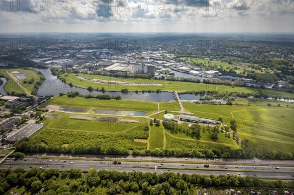 Aerial view, Styrumer Ruhraue and RuhrWasserwerk at the river Ruhr, local view Speldorf, Mülheim an der Ruhr, Ruhr area, North Rhine-Westphalia, Germany, DE, Europe, aerial view, aerial photography, aerial photography, protected area waterworks, overview, bird's-eye view, birds-eyes view, overview
