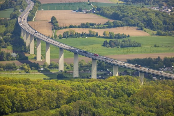 Aerial view, Mintarder Ruhrtalbrücke, Saarn, Mülheim an der Ruhr, Ruhr area, North Rhine-Westphalia, Germany, motorway A52, motorway bridge, bridge, DE, Europe, aerial view, aerial photography, aerial photography, overview, bird's eye view, birds-eyes view, historical sight, overview