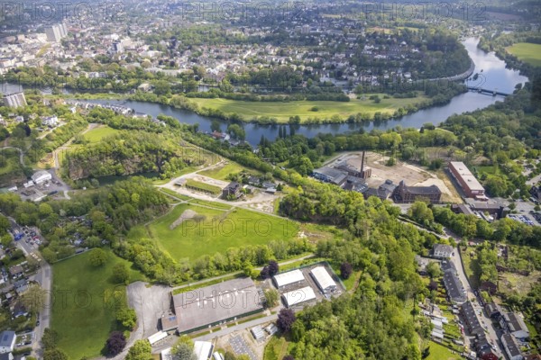 Aerial view, leather and tanning museum on the Ruhr river, Rauen quarry, De Wet indoor tennis centre, Saarn, Mülheim an der Ruhr, Ruhr area, North Rhine-Westphalia, Germany, brownfield, DE, Europe, aerial view, aerial photography, aerial photography, museum, tennis, tennis facility, tennis halls, overview, bird's-eye view, overview