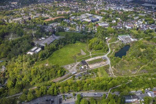 Aerial view, destroyed building, quarry and brickyard Rauen am Kassenberg, Broich - Ost, Mülheim an der Ruhr, Ruhr area, North Rhine-Westphalia, Germany, demolition building, DE, Europe, fossil trail, aerial view, aerial photography, aerial photography, park, pond, overview, bird's-eye view, overview