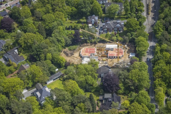 Aerial view, construction site and new building at Uhlenhorstweg in Broicher Waldgebiet, Mülheim an der Ruhr, Ruhr area, North Rhine-Westphalia, Germany, construction work, construction area, construction site, construction crane, construction measure, construction project, construction site, DE, Europe, aerial view, aerial photography, aerial photography, new building, overview, bird's-eye view, overview