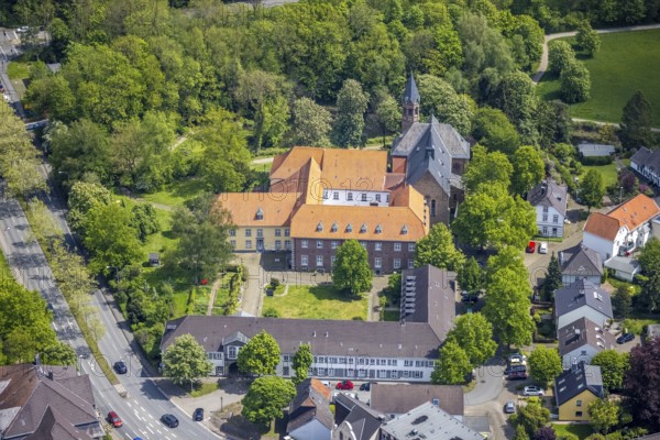 Aerial view, Saarn Monastery, Catholic Parish of St. Mary's Assumption, Saarn, Mülheim an der Ruhr, Ruhr area, North Rhine-Westphalia, Germany, place of worship, DE, Europe, religious community, place of worship, sacred site, church, parish, monastery, monastery street, denomination, aerial view, aerial photography, aerial photography, religion, religious site, overview, bird's-eye view, overview