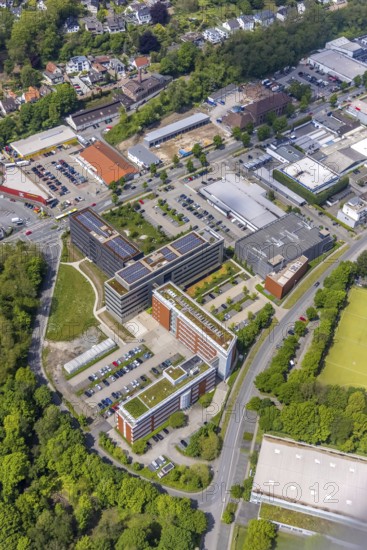 Aerial view, company campus ALDI International Services GmbH, Saarn, Mülheim an der Ruhr, Ruhr area, North Rhine-Westphalia, Germany, Aldi Süd, DE, Europe, commercial enterprises, commercial area, commercial location, commercial use, industrial area, industrial building, industrial location, aerial view, aerial photography, aerial photography, Mintarder Straße, photovoltaic, photovoltaic system, solar, solar system, solar energy, solar energy, overview, bird's eye view, birds-eyes view, overview