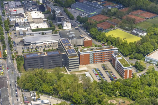 Aerial view, company campus ALDI International Services GmbH, Saarn, Mülheim an der Ruhr, Ruhr area, North Rhine-Westphalia, Germany, Aldi Süd, DE, Europe, commercial enterprises, commercial area, commercial location, commercial use, industrial area, industrial building, industrial location, aerial view, aerial photography, aerial photography, Mintarder Straße, photovoltaic, photovoltaic system, solar, solar system, solar energy, solar energy, overview, bird's eye view, birds-eyes view, overview