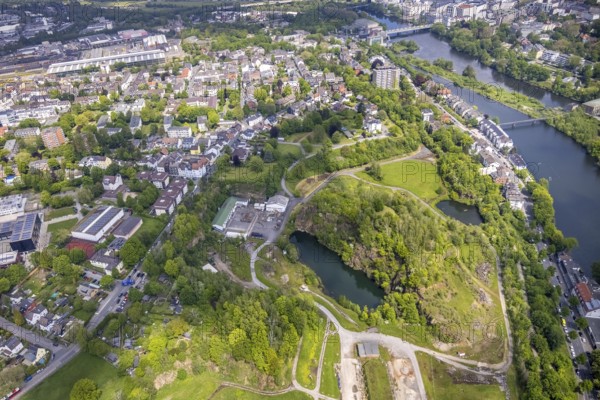 Aerial view, destroyed building, quarry and brickyard Rauen am Kassenberg, Broich - Ost, Mülheim an der Ruhr, Ruhr area, North Rhine-Westphalia, Germany, demolition building, DE, Europe, fossil trail, aerial view, aerial photography, aerial photography, park, pond, overview, bird's-eye view, overview