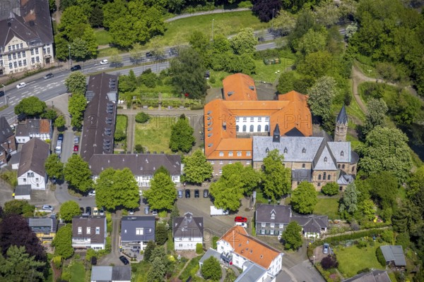 Aerial view, Saarn Monastery, Catholic Parish of St. Mary's Assumption, Saarn, Mülheim an der Ruhr, Ruhr area, North Rhine-Westphalia, Germany, place of worship, DE, Europe, religious community, place of worship, sacred site, church, parish, monastery, monastery street, denomination, aerial view, aerial photography, aerial photography, religion, religious site, overview, bird's-eye view, overview