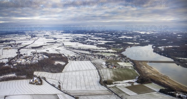 Aerial view of Möhnesee in winter with snow and view of Körbecke in Möhnesee in Sauerland in North Rhine-Westphalia, Germany, Möhnesee, Sauerland, North Rhine-Westphalia, DE, Europe, aerial photo, birds-eyes view, aerial photography, aerial photography, overview, overview, bird's eye view