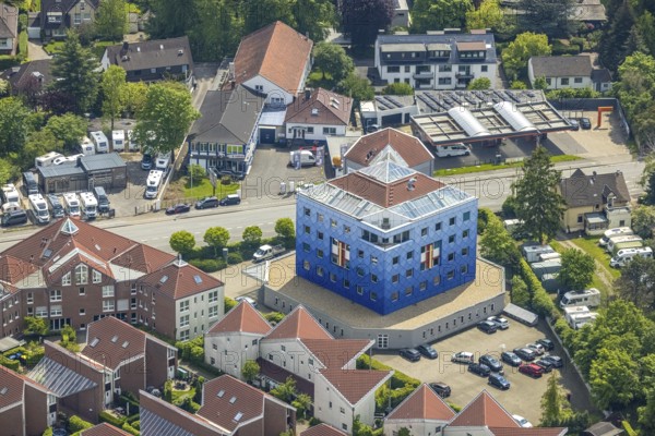 Aerial view, blue building dental clinic, Kölner Straße 80, Saarn, Mülheim an der Ruhr, Ruhr area, North Rhine-Westphalia, Germany, DE, Europe, aerial view, aerial photography, aerial photography, medical facility, medical aid, cuboid, overview, bird's eye view, dental clinic, birds-eyes view, overview, medical care