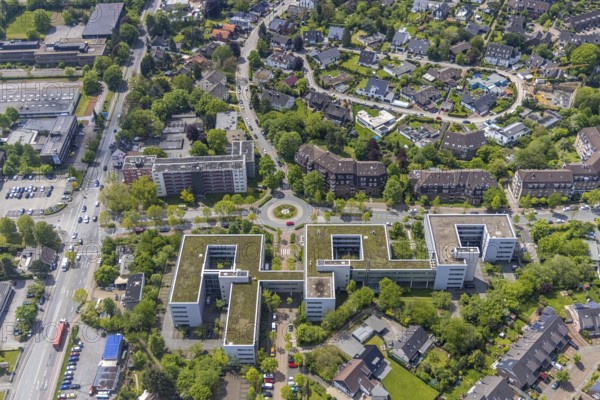 Aerial view, office building Aon Deutschland Holding, Saarn, Mülheim an der Ruhr, Ruhr area, North Rhine-Westphalia, Germany, DE, Europe, commercial enterprises, commercial area, commercial area, commercial location, commercial use, roundabout, roundabout, aerial view, aerial photography, aerial photography, overview, bird's-eye view, overview