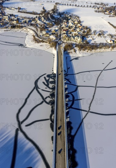 Aerial view, Delecker Brücke, shapes and colours, Delecke, Möhnesee, Sauerland, North Rhine-Westphalia, Germany, Arnsberger Straße, bridge, DE, Europe, roundabout, aerial view, aerial photography, aerial photography, cracks in the ice, snow, overview, bird's-eye view, winter at Möhnesee, winter landscape, birds-eyes view, overview