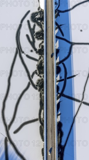 Aerial view, Delecker Brücke, shapes and colours, Delecke, Möhnesee, Sauerland, North Rhine-Westphalia, Germany, Arnsberger Straße, bridge, DE, Europe, aerial view, aerial photography, aerial photography, cracks in the ice, snow, overview, bird's-eye view, winter at Möhnesee, winter landscape, birds-eyes view, overview