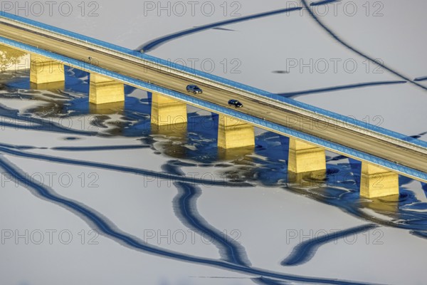 Aerial view, Delecker Brücke, shapes and colours, Delecke, Möhnesee, Sauerland, North Rhine-Westphalia, Germany, Arnsberger Straße, bridge, DE, Europe, aerial view, aerial photography, aerial photography, cracks in the ice, snow, overview, bird's-eye view, winter at Möhnesee, winter landscape, birds-eyes view, overview