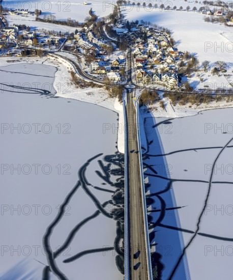 Aerial view, Delecker Brücke, shapes and colours, Delecke, Möhnesee, Sauerland, North Rhine-Westphalia, Germany, Arnsberger Straße, bridge, DE, Europe, roundabout, aerial view, aerial photography, aerial photography, cracks in the ice, snow, overview, bird's-eye view, winter at Möhnesee, winter landscape, birds-eyes view, overview