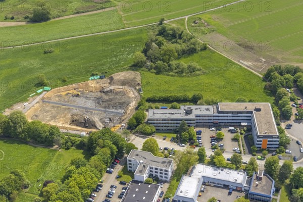 Aerial view, construction site and construction of a filter plant at Aubergweg, industrial area Remscheider Straße, Saarn, Mülheim an der Ruhr, Ruhr area, North Rhine-Westphalia, Germany, construction work, construction area, construction site, building site, construction project, construction site, DE, Europe, commercial enterprises, commercial area, commercial area, commercial site, commercial use, industrial area, industrial site, aerial view, aerial photography, aerial photography, overview, bird's eye view, birds-eyes view, overview