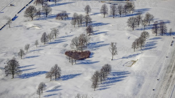 Aerial view, heart-shaped bushes in a winter landscape in the golf course of Raffelberg racecourse, Speldorf, Mülheim an der Ruhr, Ruhr area, North Rhine-Westphalia, Germany, DE, Europe, shapes and colours, heart shape, aerial view, aerial photography, aerial photography, snow, overview, bird's eye view, winter, birds-eyes view, overview
