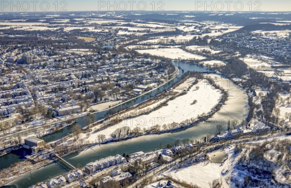 Aerial view, Ruhr river and Ruhr island with lock canal, Kahlenberg hydroelectric power station, weir Mülheim an der Ruhr, Broich - Ost, Mülheim an der Ruhr, Ruhr area, North Rhine-Westphalia, Germany, DE, Europe, island, aerial view, aerial photography, aerial photography, snow, Thyssen Park, overview, bird's-eye view, winter, birds-eyes view, overview