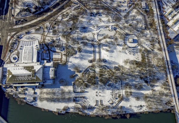 Aerial view, garden in the snow, MüGa - Mülheims Garten an der Ruhr, civic hall Mülheim, Broich - Ost, Mülheim an der Ruhr, Ruhr area, North Rhine-Westphalia, Germany, DE, Europe, garden, culture, art, aerial view, aerial photography, aerial photography, park, snow, civic hall, overview, events, venue, event location, bird's-eye view, winter, birds-eyes view, cultural use, overview