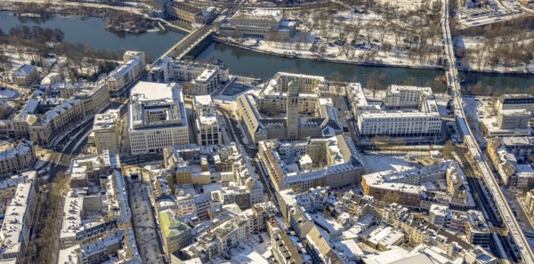 Aerial view, town hall market, town hall, cycle highway, Altstadt I - Südost, Mülheim an der Ruhr, Ruhr area, North Rhine-Westphalia, Germany, authority, DE, Europe, aerial view, aerial photography, aerial photography, RS1, cycle path, snow, city administration, registry office, overview, administrative area, bird's eye view, winter, birds-eyes view, overview