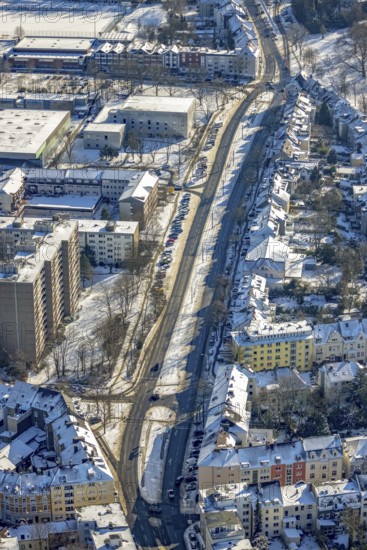 Aerial view, Kaiserstraße, Employment Agency, Indoor Swimming Pool South, Sports Centre South Street, Old Town I - Southeast, Mülheim an der Ruhr, Ruhr area, North Rhine-Westphalia, Germany, DE, Europe, property tax, real estate, aerial view, aerial photography, aerial photography, snow, overview, bird's-eye view, winter, residential complex, living and living, residential area, residential buildings, bird's-eye view, overview