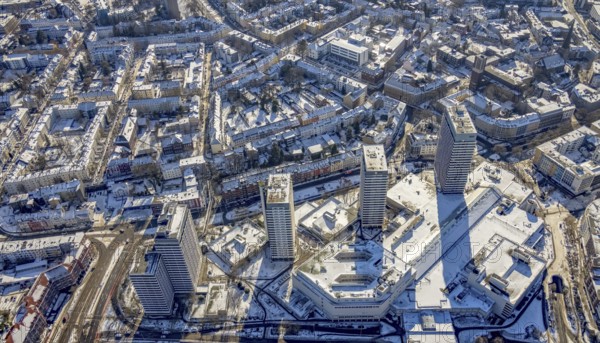Aerial view, Dickswall skyscrapers, Altstadt II - south-east, Mülheim an der Ruhr, Ruhr area, North Rhine-Westphalia, Germany, DE, Europe, skyscrapers, aerial view, aerial photography, aerial photography, snow, overview, bird's eye view, winter, birds-eyes view, overview