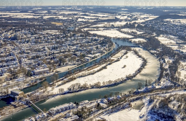 Aerial view, Ruhr river and Ruhr island with lock canal, Kahlenberg hydroelectric power station, weir Mülheim an der Ruhr, Broich - Ost, Mülheim an der Ruhr, Ruhr area, North Rhine-Westphalia, Germany, DE, Europe, island, aerial view, aerial photography, aerial photography, snow, Thyssen Park, overview, bird's-eye view, winter, birds-eyes view, overview