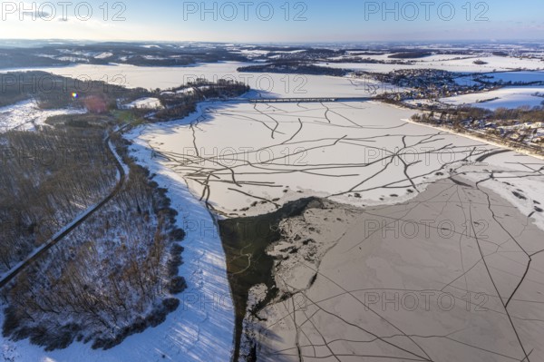Aerial view, Möhnesee and Delecker Bridge, Delecke, Möhnesee, Sauerland, North Rhine-Westphalia, Germany, Arnsberger Straße, bridge, DE, Europe, distant view, aerial view, aerial photography, aerial photography, cracks in the ice, snow, overview, bird's eye view, winter at Möhnesee, winter landscape, birds-eyes view, overview
