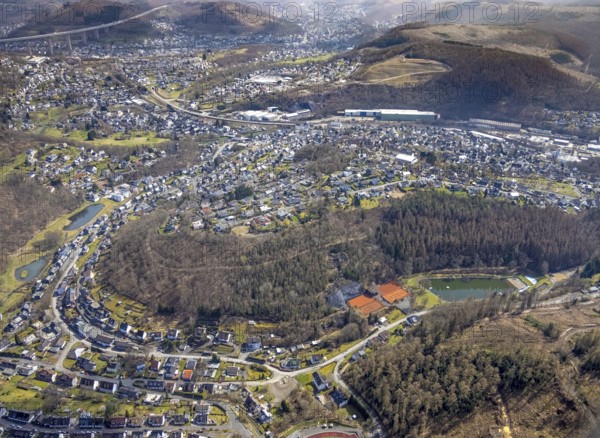 Local view Niederschelden, Naturfreibad Schinderweiher, Mudersbach, Siegerland, Rhineland-Palatinate, Germany, bathing resort, DE, Europe, outdoor swimming pool, aerial view, aerial photograph, aerial photography, aerial photography, local view, swimming pool, townscape, urban area, overview, bird's-eye view, overview