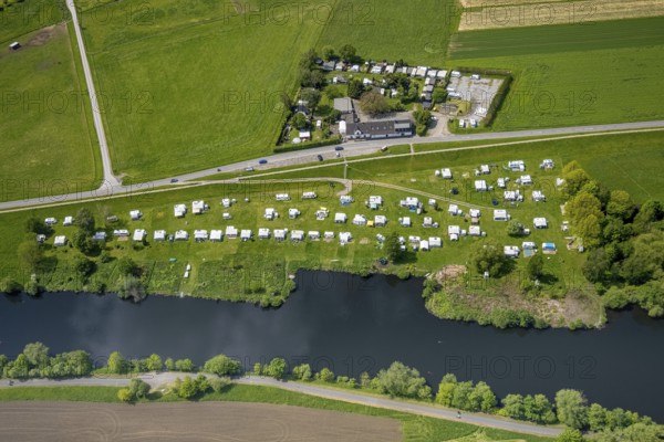 Aerial view, river Ruhr, towpath, campsite Mülheim Staader Loch, Saarn, Mülheim an der Ruhr, Ruhr area, North Rhine-Westphalia, Germany, camping, camping site, campsite, DE, Europe, distant view, leisure, aerial view, aerial photography, aerial photography, overview, bird's eye view, birds-eyes view, overview