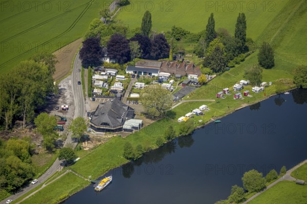 Aerial view, camping site and Dicken am Damm Cafe, Saarn, Mülheim an der Ruhr, Ruhr area, North Rhine-Westphalia, Germany, camping, camping facility, camping mobile, campsite, DE, Europe, leisure, gastronomy, aerial photography, aerial photography, aerial photography, overview, bird's eye view, motorhome, caravan, birds-eyes view, overview