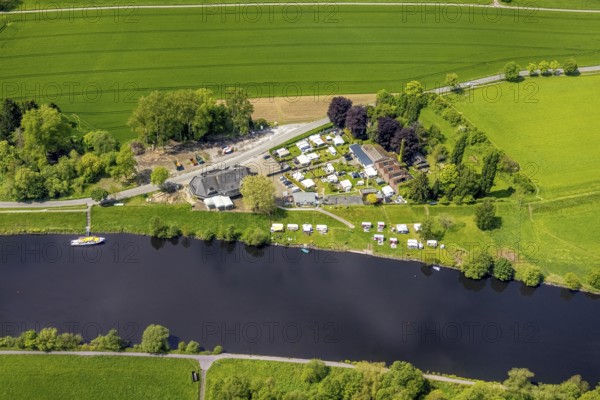 Aerial view, camping site and Dicken am Damm Cafe, Saarn, Mülheim an der Ruhr, Ruhr area, North Rhine-Westphalia, Germany, camping, camping facility, camping mobile, campsite, DE, Europe, leisure, gastronomy, aerial photography, aerial photography, aerial photography, overview, bird's eye view, motorhome, caravan, birds-eyes view, overview