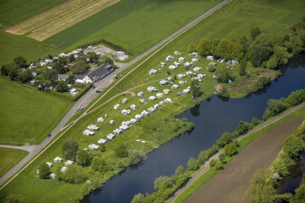 Aerial view, river Ruhr, towpath, campsite Mülheim Staader Loch, Saarn, Mülheim an der Ruhr, Ruhr area, North Rhine-Westphalia, Germany, camping, camping site, camping mobile, campsite, DE, Europe, distant view, leisure, aerial view, aerial photography, aerial photography, overview, bird's eye view, motorhome, caravan, birds-eyes view, overview
