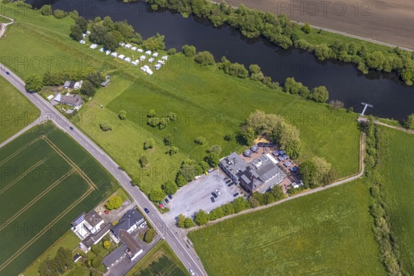 Aerial view, Franky's Wasserbahnhof Mintard, at the river Ruhr, Saarn, Mülheim an der Ruhr, Ruhr area, North Rhine-Westphalia, Germany, outdoor catering, DE, Europe, gastronomy, aerial view, aerial photography, aerial photography, Mintard water station, restaurant, overview, bird's-eye view, overview
