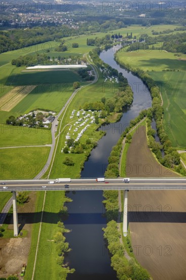 Aerial view, river Ruhr, Mintarder Ruhrtalbrücke, Leinpfad, Campingplatz Staader Loch, Saarn, Mülheim an der Ruhr, Ruhr area, North Rhine-Westphalia, Germany, motorway A52, motorway bridge, bridge, camping, camping site, campsite, DE, Europe, distant view, leisure, aerial view, aerial photography, aerial photography, overview, bird's-eye view, overview